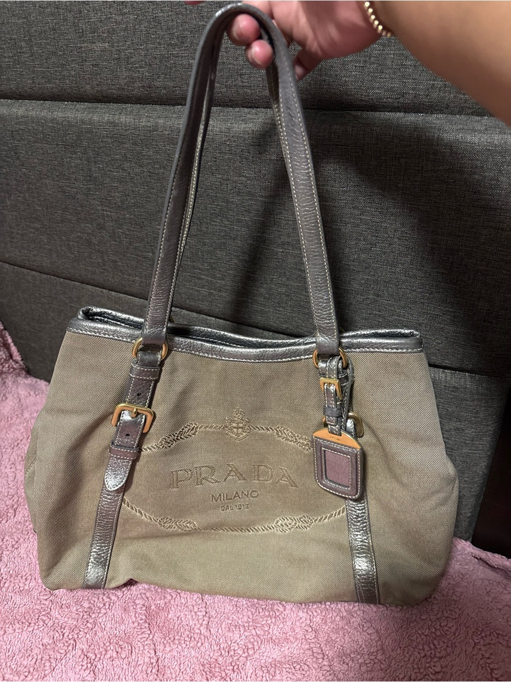 Prada Beige Canvas Shoulder Bag with Metallic Taupe Trim